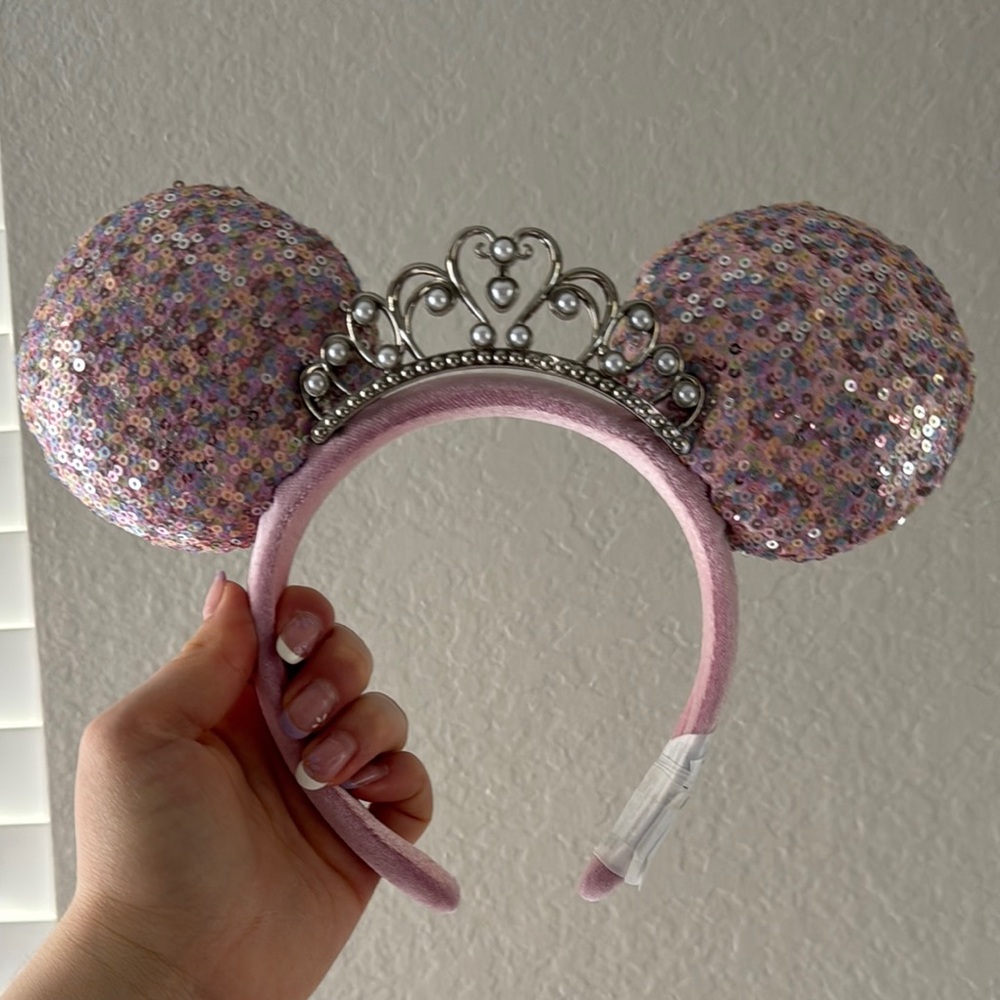 Sequin Mouse Ears Headband with Tiara - Pink
